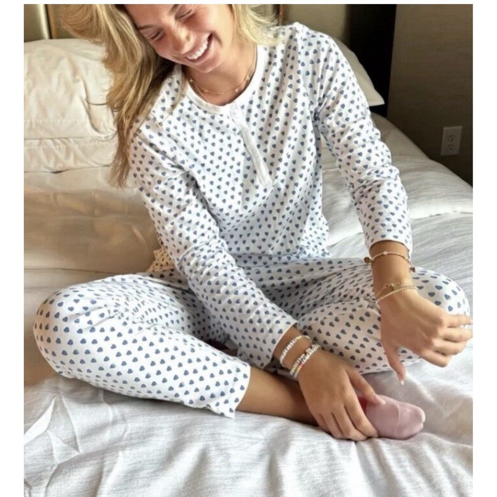 Roller Rabbit Pajama Set Women Medium White Blue Heart Print‎ Portugal Cotton PJ